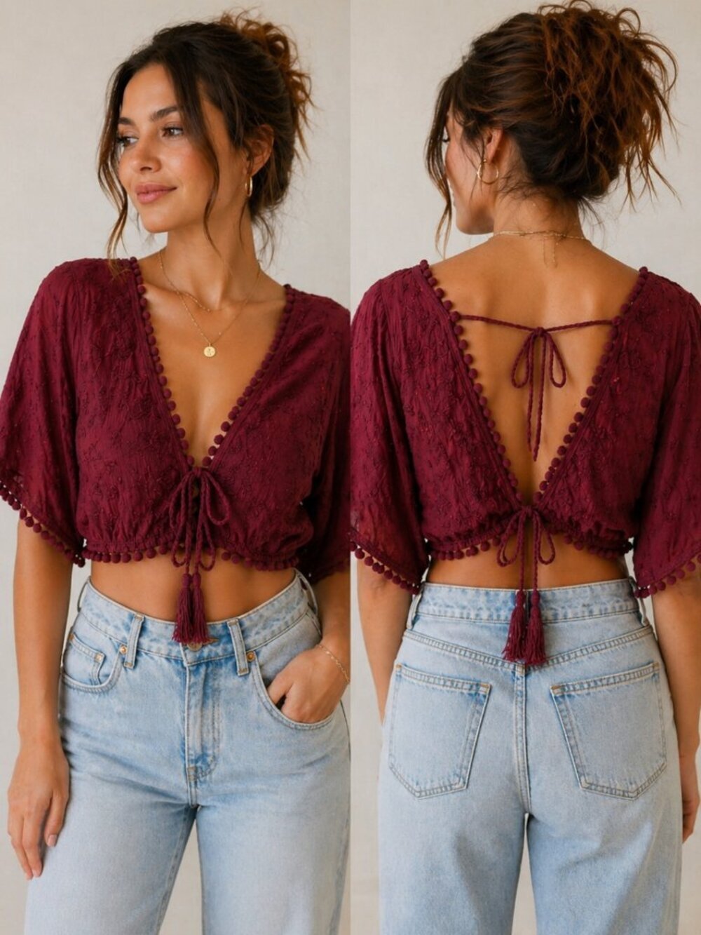 Boho Burgundy Embroidered Crop Top Tie Back Pom Pom Trim Small Free People Vibe